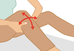 親指で膝下を押さえ、両中指でツボに圧をかけたまま左右・上下に動かしているイラスト