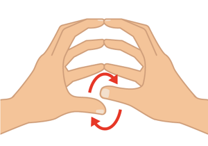 人差し指、中指、薬指、小指の指先をくっつけた状態で親指をそっと離して、指先をぐるぐる回すイラスト