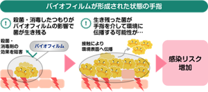 バイオフィルムが形成された状態の手指の状態を表すイラスト。殺菌・消毒したつもりがバイオフィルムの影響で菌が生き残り、生き残った菌が手指を介して環境表面へ伝播する可能性がある。そうすることで感染リスクが増加してしまう。