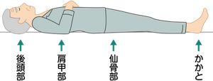 姿勢:仰臥位(仰向け)を表すイラスト。後頭部、肩甲部、仙骨部、かかとがベッドや布団に接していることがわかる。