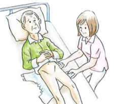 介助者が寝ている老人のおむつを引っ張って、位置のずれを直そうとしているイラスト