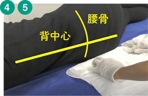4.5.背中心におむつの中心がくるように、おむつの端を内側に巻き込み、ご利用者様の体の下に差し込んでいる画像。