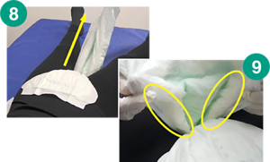 8.テープ止めおむつを足先の方向に軽く引いている画像。⑨おむつの脚まわり吸収体が左右の脚まわりにフィットしている画像。