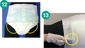 12.おむつのレッグギャザーの位置を示す画像。そけい部のあたりを確認する。13.おむつのウエスト部分に指を一本差し込んでゆとりを確認している画像。