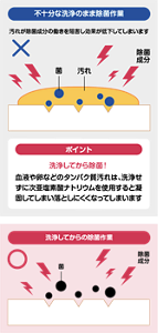 不十分な洗浄のまま除菌作業をした場合と、洗浄してからの除菌作業を比較した図。洗浄が不十分な場合、汚れが除菌成分の働きを阻害し効果が低下してしまいます。血液や卵などのタンパク質汚れは、洗浄せずに次亜塩素酸ナトリウムを使用すると凝固してしまい落としにくくなってしまうため、洗浄することがポイントとなります。洗浄してから除菌作業を行うことで、除菌成分を菌まで届かせることができます。