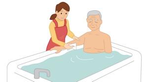 浴槽につかるご利用者様の腕を介助者がタオルで洗っているイラスト