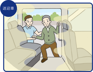 デイサービスの送迎車においてご利用者様が車内にこもったニオイを気にしている様子のイラスト。