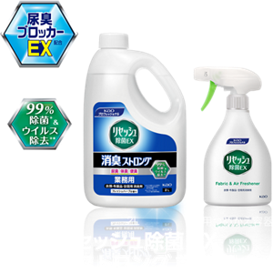 リセッシュ除菌EX 消臭ストロング 業務用 2Lと、専用つめかえ容器の製品画像を表す画像。尿臭ブロッカーEX配合、99%除菌&ウイルス除去。