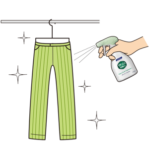 洗たく後、衣類を干す際に「リセッシュ除菌EX 消臭ストロング」をスプレーしている様子のイラスト