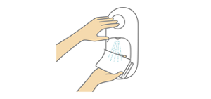 専用ディスペンサーから吐出したトイレマジックリン消臭洗浄スプレー 消臭ストロング を、手に取ったトイレットペーパーにスプレーしているイラスト