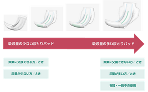 インナーの尿とりパッドを選ぶ基準を表した図。頻繁に交換できる場合や尿量が少ない場合は、吸収量の少ない尿とりパッドを選択し、頻繁に交換できない場合、尿量が多い場合や一晩中使用する場合は吸収量の多い尿とりパッドを選択する。