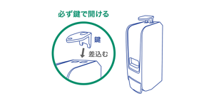 泡で出てくる便座除菌クリーナーディスペンサーの上部の鍵穴に付属の専用鍵を差し込み、押しているイラスト。必ず鍵で開ける。