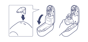 フロントカバー上部の鍵穴に垂直に鍵を差し込み手前に開け、中にセットされているカートリッジを手前に引きだしているイラスト。
