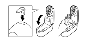 フロントカバー上部の鍵穴に垂直に鍵を差し込み手前に開け、中にセットされているカートリッジを手前に引きだしているイラスト。