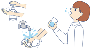 ハンドソープを使用して手を洗い、うがいをしているイラスト。最後に処理した範囲を水拭きしてください。
