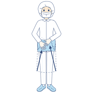 エプロンのすそを表面が内側になるように上に向かって丸めているイラスト