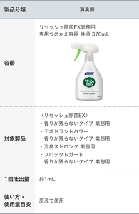 消臭剤の詰替容器の吐出量の一覧表。