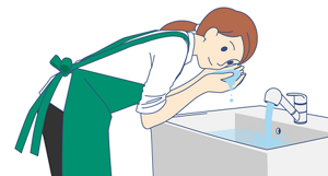 手のひらに溜めた水で片目を洗っている人のイラスト。手にためた水の中でまばたきしながら、液が入ってしまった方の目を繰り返し洗う。