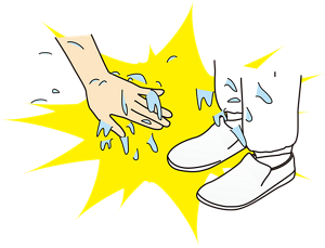 手や足に洗浄剤の液が付着してしまった様子のイラスト