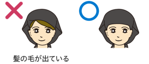 帽子の被り方の良い例と悪い例イラスト。髪の毛が帽子から露出している状態はNG。髪の毛は帽子の中にしっかりとおさめる。