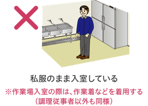 入室時の服装の悪い例のイラスト。私服のまま入室している。※作業場入室の際は、作業着などを着用する(調理従事者以外も同様)