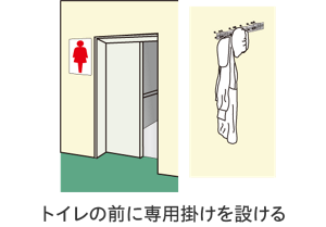 トイレ前の専用掛けのイラスト。トイレに入る前に専用掛けに作業着を掛けておく。