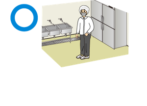 入室時の服装の良い例のイラスト。作業着を正しく着用し、専用靴を履いている。