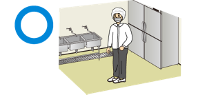 入室時の服装の良い例のイラスト。作業着を正しく着用し、専用靴を履いている。