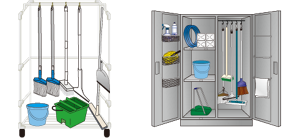 整理整頓して保管された掃除用具のイラスト。