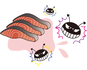 魚の切り身からドリップが出て、周辺が菌で汚染されている様子のイラスト。