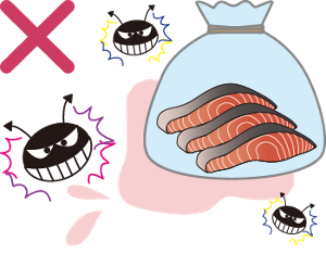 不適切な解凍でビニール袋に入った魚の切り身からドリップが出て、周辺が菌で汚染されている様子のイラスト。