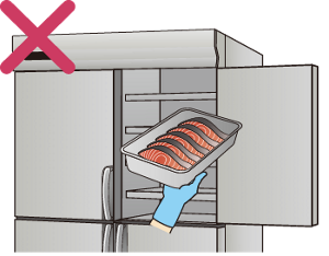 一度解凍した魚の切り身を再度冷凍庫に保管しようとしている様子のイラスト。