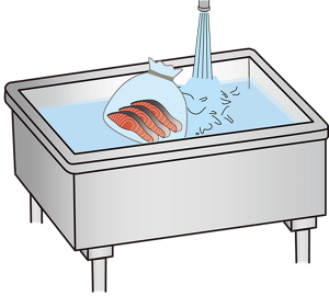 冷凍の魚の切り身を清潔なビニール袋に入れ、口をしっかりと閉めた状態で、シンクの流水で解凍している様子のイラスト。