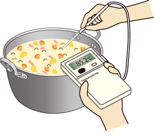 加熱調理した煮物(シチュー)の具材の中心温度を温度計を使用して計測している様子のイラスト。