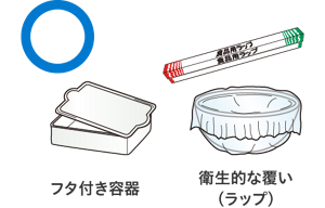 食品の保管のよい例のイラスト。蓋付き容器や衛生的な覆い(ラップ)を使用して保管する。