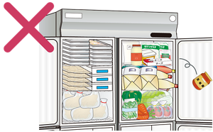 冷蔵庫内に食材が詰め込まれすぎている状態のイラスト。