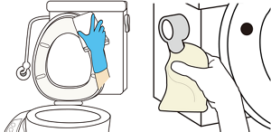トイレの便座裏、水洗レバーを清拭し消毒しているイラスト。