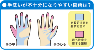 手洗いが不十分になりやすい箇所を表したイラスト。指先や指の間の洗い残しが起きやすい。