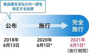 HACCP制度化の準備期間を表した図。2018年6月13日、食品衛生法などの一部を改正する法律の公布。2020年6月1日*施行。2021年6月1日*完全施行。
