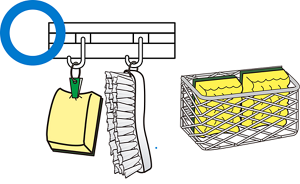 OK例。スポンジをフックにかけて吊るしているイラストと、水切りかごに入れて保管しているイラスト。
