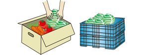 食材の検品をする場所と保管する場所を分けている様子のイラスト。食材を段ボールからプラスチックコンテナなどの専用容器に移し替える。