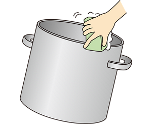 なべの側面の焦げ落としをしているイラスト。