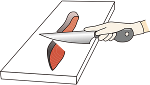 生魚を包丁でカットしているイラスト。