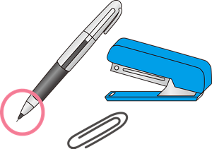 クリップ、ホッチキス、シャープペンのイラスト。