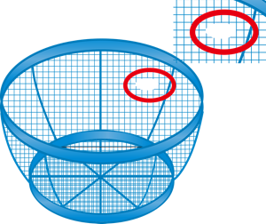 プラスチック製のザルに穴が開いているイラスト。