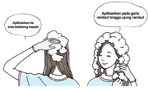 Aplikasikan ke area belakang kepala. Apilkasikan pada garis rambut hingga ujung rambut.