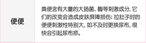 便便:粪便含有大量的大肠菌、酶等刺激成分,它们的改变会造成皮肤屏障损伤;拉肚子时的便便刺激性特别大,如不及时更换尿布,很快会引起尿布疹。