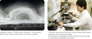 Enlarged view of “Fluffy Air-in-Cushion”. A large and soft convex sheet with plenty of air was created.  The fiber structure of the non-woven fabric was being verified in the prototype stage. Committed to develop an ideal surface sheet through a continuous verification process.