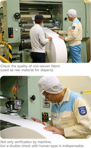 Check the quality of non-woven fabric (used as raw material for diapers). Not only verification by machine, but a double-check with human eyes is indispensable.