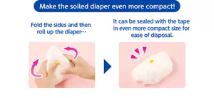 Make the soiled diaper even more compact!  For neater disposal Fold the sides and roll up the diaper Seal it up with the tape! More compact now!